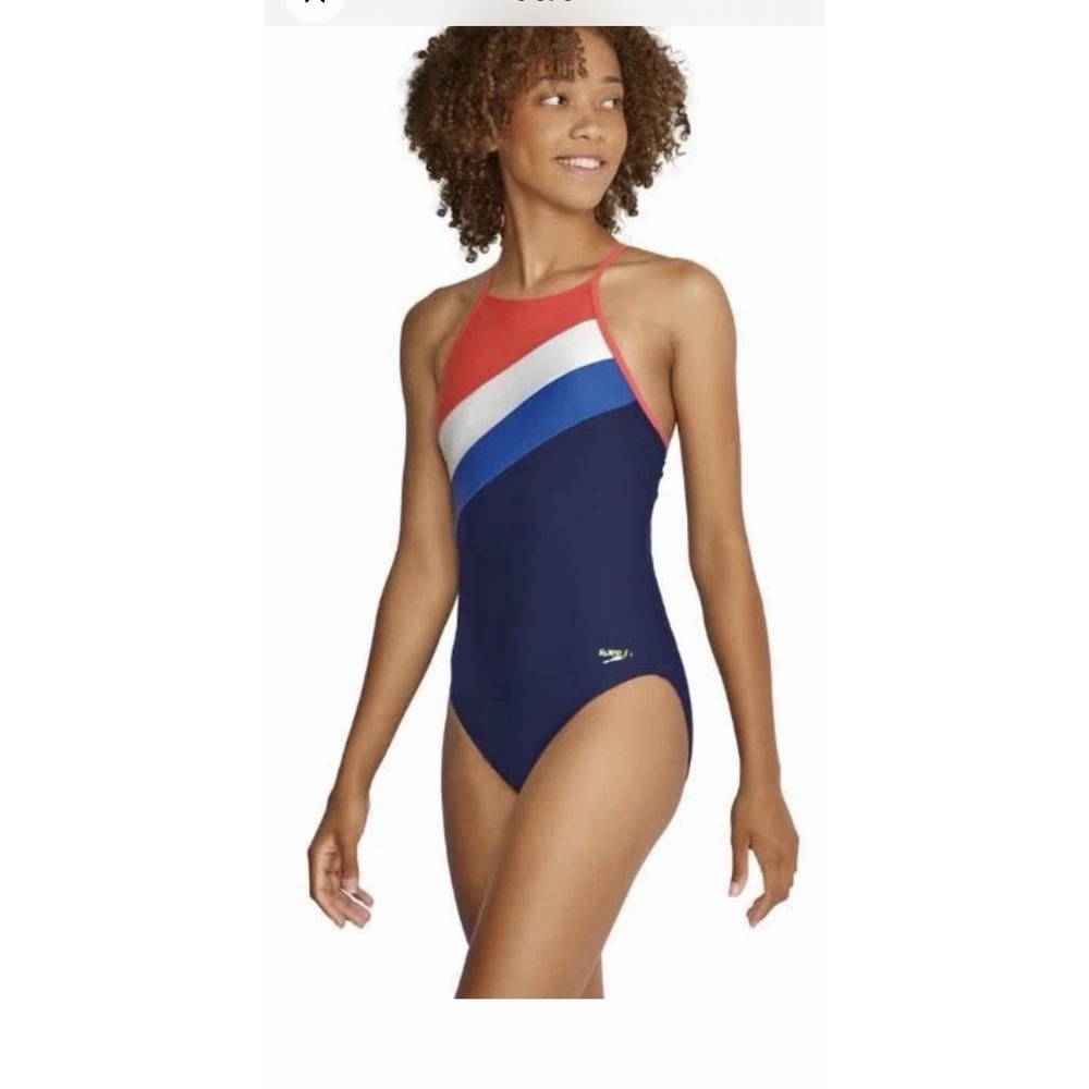 Speedo Women's Swimsuit One Piece High Neck Tie Back SIZE 12 RED WHITE BLUE NEW